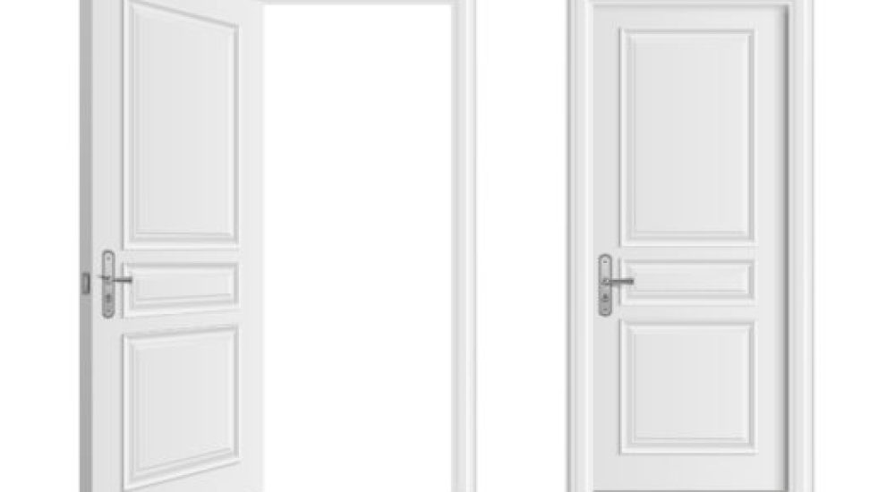 Open and closed white entrance realistic door isolated on white background. Door to house or room, enter doorway closed illustration